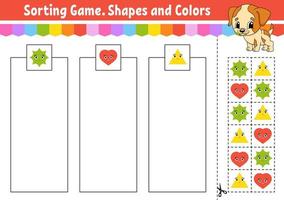 Sorting game. Shapes and colors. Cut and glue. Education developing worksheet. Game for kids. Color activity page. Puzzle for children. Cute character. Vector illustration. cartoon style.