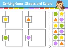 Sorting game. Shapes and colors. Cut and glue. Education developing worksheet. Game for kids. Color activity page. Puzzle for children. Cute character. Vector illustration. cartoon style.