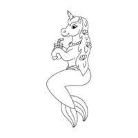 Cute unicorn mermaid drinks juice. Coloring book page for kids. Cartoon style character. Vector illustration isolated on white background.