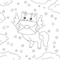 A cute cat with wings carries a love letter. Coloring book page for kids. Cartoon style character. Vector illustration isolated on white background. Valentine's Day.