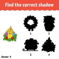 Find the correct shadow. Education developing worksheet. Christmas theme. Matching game for kids. Activity page. Puzzle for children. cartoon character. Isolated vector illustration.