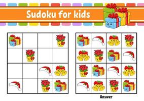 Sudoku for kids. Education developing worksheet. cartoon character. Color activity page. Puzzle game for children. Christmas theme. Isolated vector illustration.