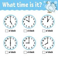 Learning time on the clock. Educational activity worksheet for kids and toddlers. Game for children. Simple flat isolated color vector illustration in cute cartoon style.