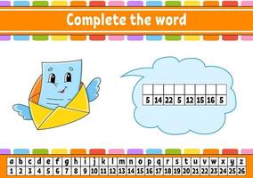 Complete the words. Cipher code. Learning vocabulary and numbers. Education worksheet. Activity page for study English. Isolated vector illustration. cartoon character.