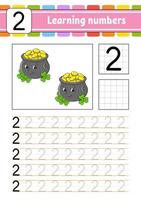 Trace and write numbers. Handwriting practice. Learning numbers for kids. Education developing worksheet. St. Patrick's day. Activity page. Isolated vector illustration in cute cartoon style.