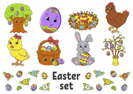 Set of cute cartoon characters. Easter clipart. Hand drawn. Colorful pack. Vector illustration. Patch badges collection. Label design elements. For daily planner, diary, organizer.