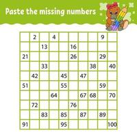 Paste the missing numbers from 1 to 100. Handwriting practice. Learning numbers for kids. Education developing worksheet. Activity page. Isolated vector illustration in cute cartoon style.