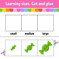 Learning sizes. Cut and glue. Easy level. Color activity worksheet. Game for children. Cartoon character. Vector illustration.