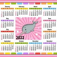 calendario para 2022 con un lindo personaje. diseño divertido y brillante. Ilustración de vector de color aislado. estilo de dibujos animados.