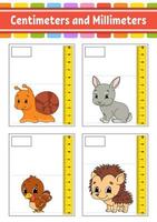 Measuring length in centimeter and millimeter. Education developing worksheet. Game for kids. Color activity page. Puzzle for children. Cute character. Vector illustration. cartoon style.