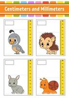 Measuring length in centimeter and millimeter. Education developing worksheet. Game for kids. Color activity page. Puzzle for children. Cute character. Vector illustration. cartoon style.