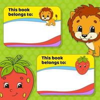 School labels for books and notebooks. Bright stickers. Rectangular label. Cute characters. Color vector isolated illustration.