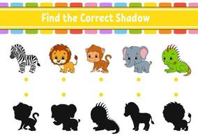 Find the correct shadow. Education developing worksheet. Matching game for kids. Color activity page. Puzzle for children. Cute character. Vector illustration. cartoon style.