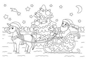 Santa Claus and the unicorn are carrying gifts on a Christmas sleigh. Coloring book page for kids. Cartoon style character. Vector illustration isolated on white background.