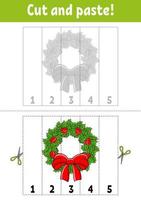 Learning numbers 1-5. Cut and glue. cartoon character. Education developing worksheet. Christmas theme. Game for kids. Activity page. Color isolated vector illustration.