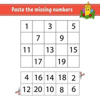 Paste the missing numbers 1-20. Game for children. Handwriting practice. Learning numbers for kids. Education developing worksheet. Activity page. Isolated vector illustration in cute cartoon style.