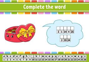 Complete the words. Cipher code. Learning vocabulary and numbers. Education worksheet. Activity page for study English. Isolated vector illustration. cartoon character.