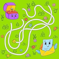 Funny maze for kids. Puzzle for children. cartoon character. Labyrinth conundrum. Color vector illustration. Find the right path. Valentine's Day