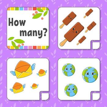 Counting game for children. Happy characters. Learning mathematics. How many object in the picture. Education worksheet. With space for answers. Isolated vector illustration in cute cartoon style.