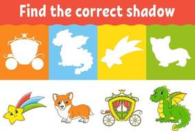 Find the correct shadow. Education worksheet. Matching game for kids. Fairytale theme. Color activity page. Puzzle for children. Cartoon character. Isolated vector illustration.