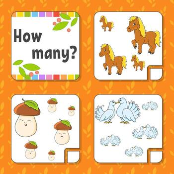 Counting game for children. Happy characters. Learning mathematics. How many object in the picture. Education worksheet. With space for answers. Isolated vector illustration in cute cartoon style.