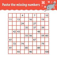 Paste the missing numbers from 1 to 100. Handwriting practice. Learning numbers for kids. Education developing worksheet. Activity page. Isolated vector illustration in cute cartoon style.