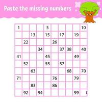 Paste the missing numbers from 1 to 100. Handwriting practice. Learning numbers for kids. Education developing worksheet. Activity page. Isolated vector illustration in cute cartoon style.