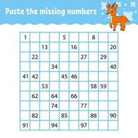 Paste the missing numbers from 1 to 100. Handwriting practice. Learning numbers for kids. Education developing worksheet. Activity page. Isolated vector illustration in cute cartoon style.