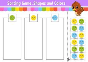 Sorting game. Shapes and colors. Cut and glue. Education developing worksheet. Game for kids. Color activity page. Puzzle for children. Cute character. Vector illustration. cartoon style.