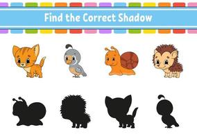 Find the correct shadow. Animal theme. Education developing worksheet. Matching game for kids. Color activity page. Puzzle for children. Cute character. Vector illustration. cartoon style.