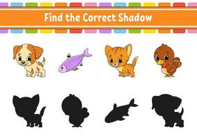 Find the correct shadow. Animal theme. Education developing worksheet. Matching game for kids. Color activity page. Puzzle for children. Cute character. Vector illustration. cartoon style.