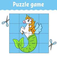 Puzzle game for kids. Cute mermaid unicorn. Education developing worksheet. Learning game for children. Color activity page. For toddler. Riddle for preschool. vector