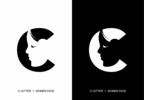 Black and white C initial letter with silhouette of women face vector