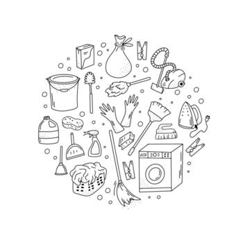 servicio de limpieza conjunto de elementos en blanco y negro dibujados a mano. colección vectorial de garabatos de limpieza de casas. vector