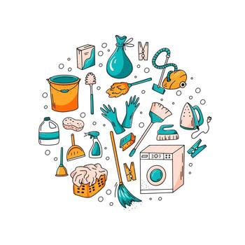 servicio de limpieza conjunto de elementos dibujados a mano. colección vectorial de garabatos de limpieza de casas. vector