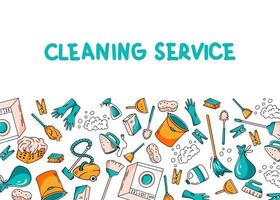 Cleaning service background with hand drawn elements and lettering. Vector illustration in doodle style. Banner template