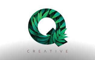 icono de diseño del logotipo de la letra q de hoja ecológica verde botánico hecho de hojas verdes que salen de la carta. vector