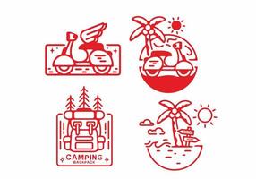 Beach and mountain line art set in red color vector