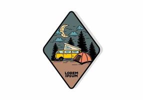 camping de media luna con ilustración de autocaravana vector