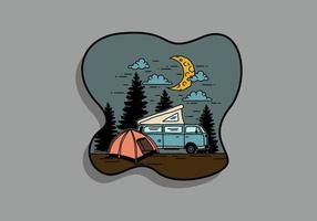 camping de media luna con ilustración de autocaravana vector