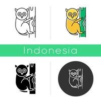 Tarsier icon. Tropical country animals, mammals. Exploring exotic Indonesian islands wildlife. Primate on tree. Linear, black, chalk and color styles. Isolated vector illustrations