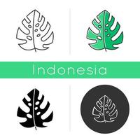 Monstera leaf icon. Evergreen tropical forest vines. Swiss cheese plant. Indonesian islands nature. Discovering jungles flora. Linear, black, chalk and color styles. Isolated vector illustrations