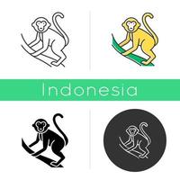 Monkey on liana icon. Tropical country animal, mammal. Exploring exotic Indonesia islands wildlife. Primate climbing. Linear, black, chalk and color styles. Isolated vector illustrations