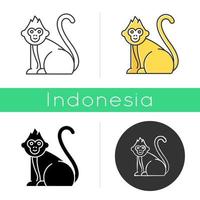 Baby monkey icon. Tropical country animal, mammal. Exploring Indonesian islands wildlife. Cute primate sitting. Linear, black, chalk and color styles. Isolated vector illustrations