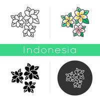 Plumeria icon. Three exotic region flowers. Flora of Indonesia jungle. Tropical plants. Blossom of frangipani. Nature of Bali. Linear, black, chalk and color styles. Isolated vector illustrations