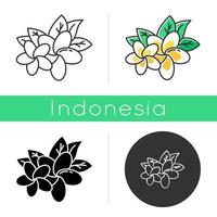 Plumeria icon. Two exotic region flowers. Flora of Indonesian forests. Small tropical plants. Blossom of frangipani. Linear, black, chalk and color styles. Isolated vector illustrations