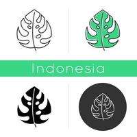 Monstera leaf icon. Evergreen forest vines. Swiss cheese plant. Indonesian jungle palm leaf. Discovering Bali nature. Linear, black, chalk and color styles. Isolated vector illustrations