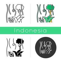 Rainforest plants and trees icon. Evergreen forest vines. Lianas and fern frond. Trip to Indonesian jungle. Tropical flora. Linear, black, chalk and color styles. Isolated vector illustrations