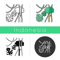 Rainforest plants icon. Evergreen forest vines. Swiss cheese plant and lianas. Trip to Indonesia jungle. Discover Bali nature. Linear, black, chalk and color styles. Isolated vector illustrations