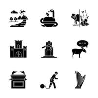 Bible narratives glyph icons set. Adam and Eve, Solomon Temple myths. Religious legends. Christian religion, holy and sacred book, Biblical stories. Silhouette symbols. Vector isolated illustration